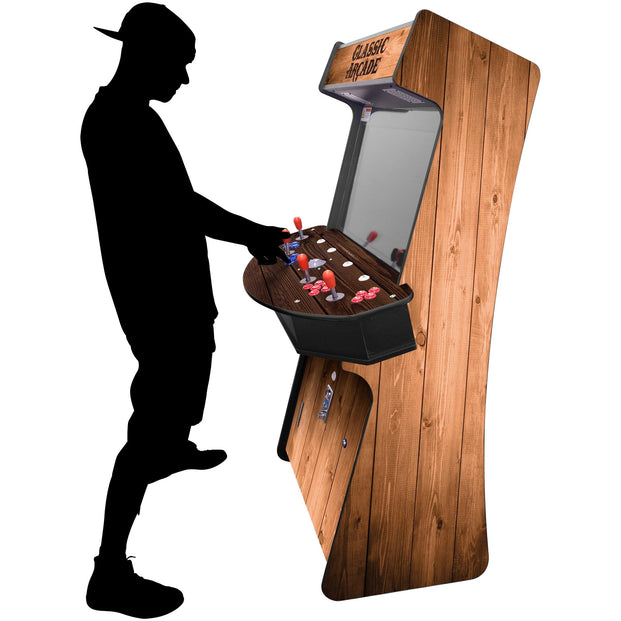 Silhouette playing wood-grain 4-player Slim Stand-up Arcade Game