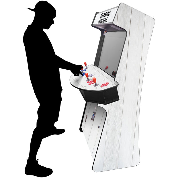 Silhouette playing White wood-grain 4-player Slim Stand-up Arcade Game