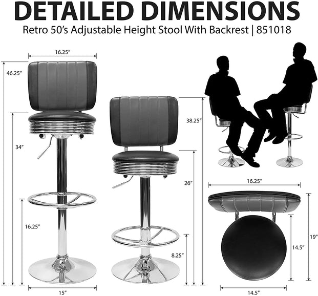 Detailed Dimensions Retro Adjustable Bar Stool with Backrest