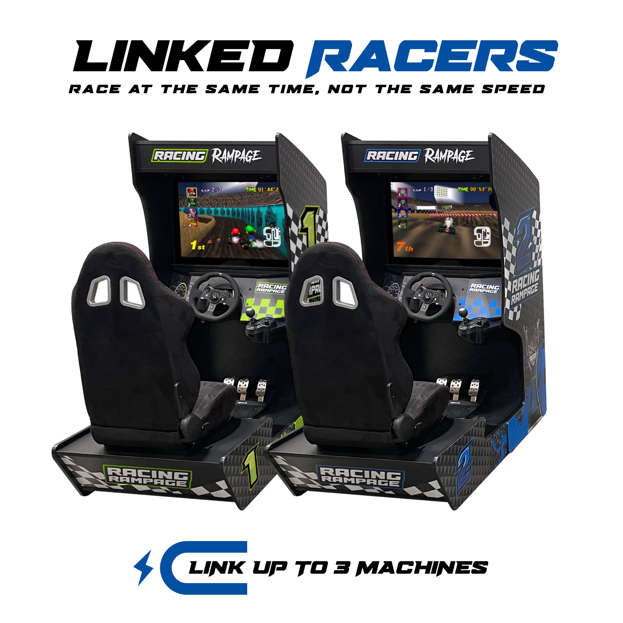 Two linked 'Racing Rampage' arcade racing machines