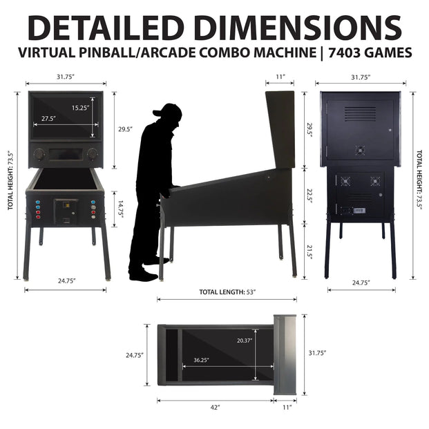 Detailed Dimensions Virtual Pinball / arcade combo machine